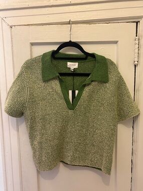 NWT Who What Wear Claude Cotton-Silk Blend Knit Polo Shirt - Green
